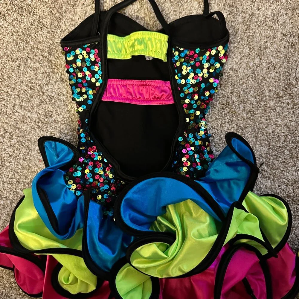 XSC Weissman Bright Confetti Dance Costume w/ Neon Skirt sequin bodice 4/5